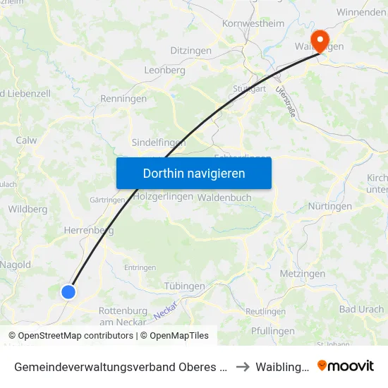 Gemeindeverwaltungsverband Oberes Gäu to Waiblingen map