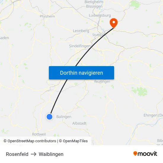 Rosenfeld to Waiblingen map