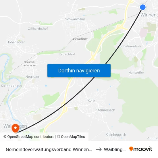 Gemeindeverwaltungsverband Winnenden to Waiblingen map