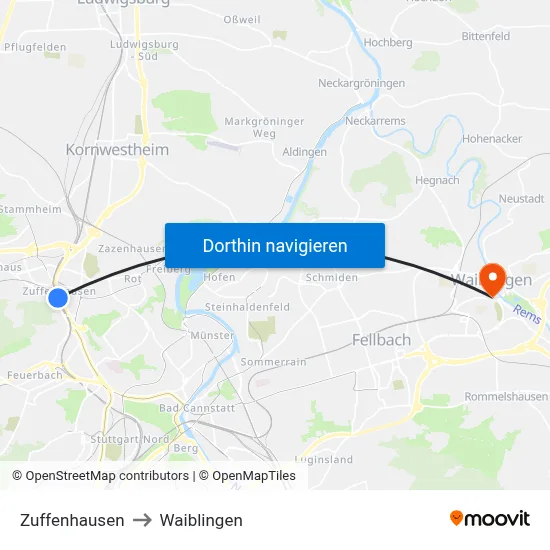 Zuffenhausen to Waiblingen map