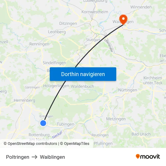 Poltringen to Waiblingen map