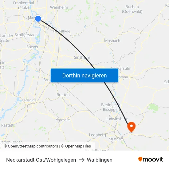 Neckarstadt-Ost/Wohlgelegen to Waiblingen map