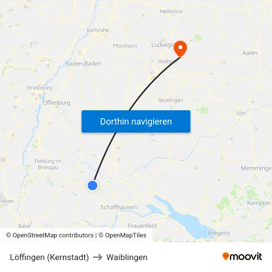 Löffingen (Kernstadt) to Waiblingen map