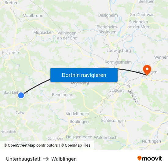 Unterhaugstett to Waiblingen map
