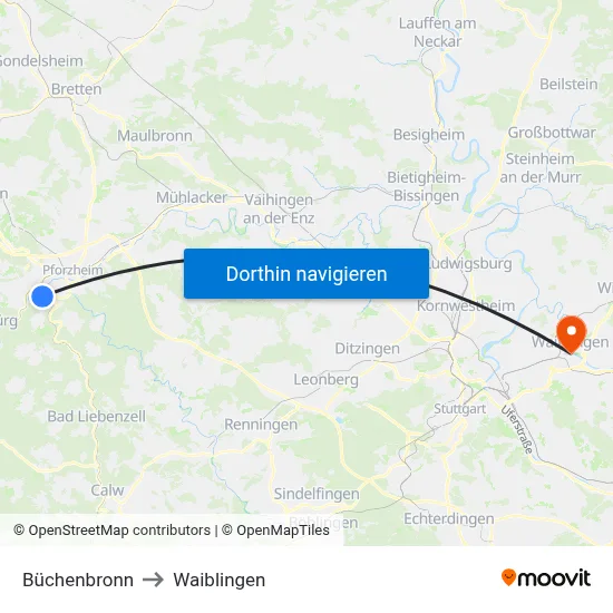 Büchenbronn to Waiblingen map