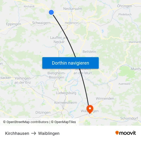 Kirchhausen to Waiblingen map