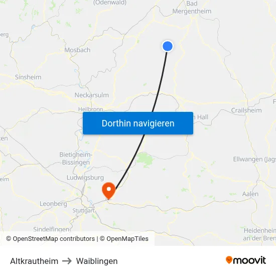Altkrautheim to Waiblingen map