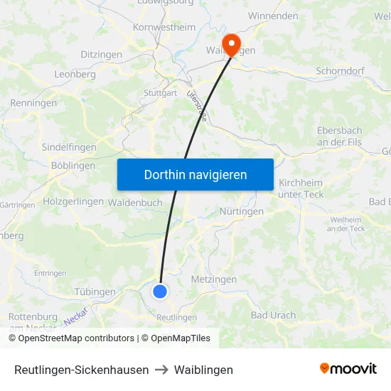 Reutlingen-Sickenhausen to Waiblingen map