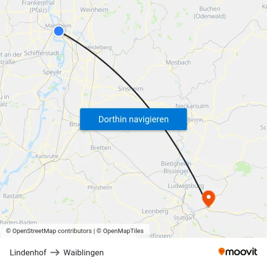 Lindenhof to Waiblingen map