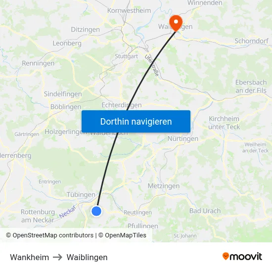 Wankheim to Waiblingen map