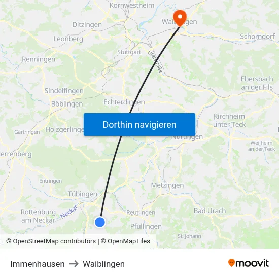 Immenhausen to Waiblingen map