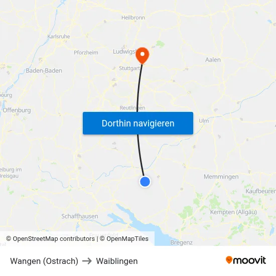 Wangen (Ostrach) to Waiblingen map