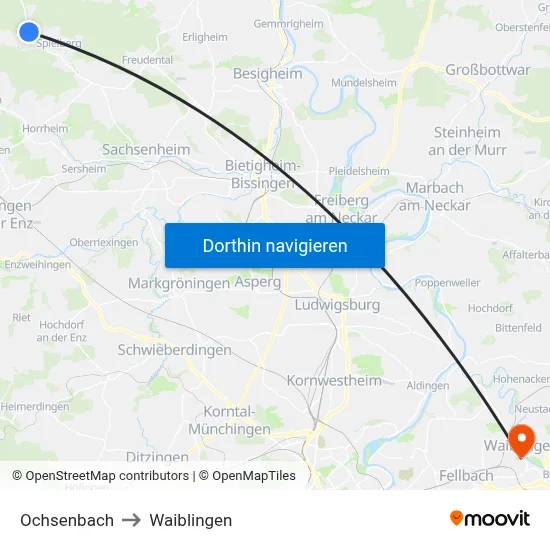 Ochsenbach to Waiblingen map