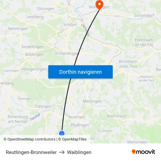 Reutlingen-Bronnweiler to Waiblingen map