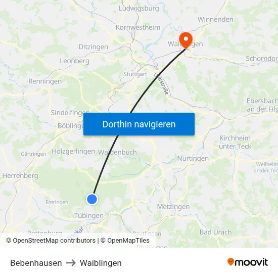 Bebenhausen to Waiblingen map