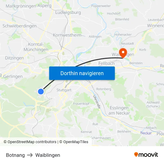 Botnang to Waiblingen map