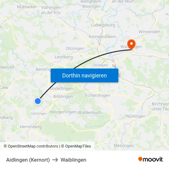 Aidlingen (Kernort) to Waiblingen map