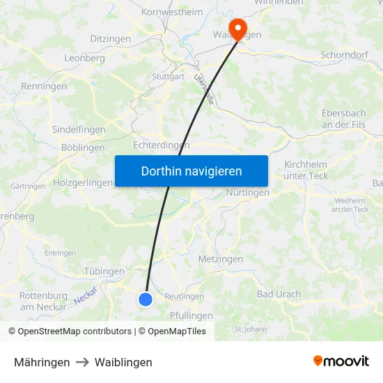 Mähringen to Waiblingen map