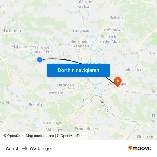 Aurich to Waiblingen map