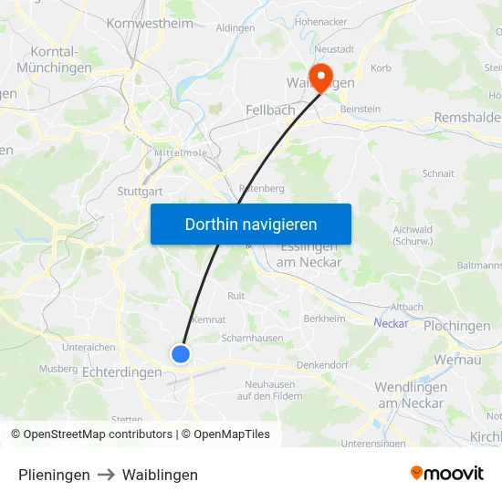 Plieningen to Waiblingen map