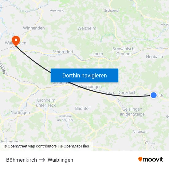 Böhmenkirch to Waiblingen map