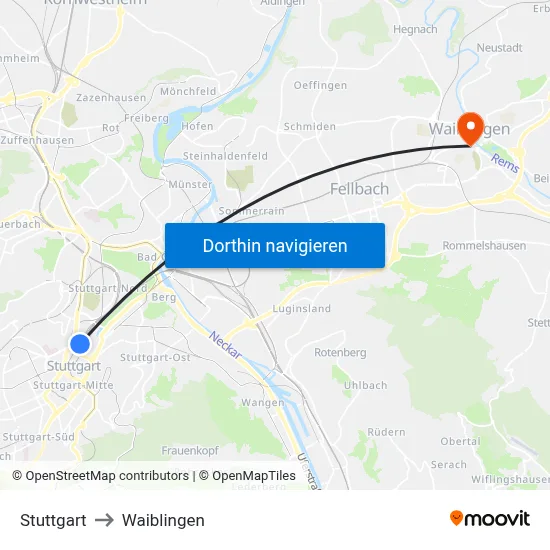 Stuttgart to Waiblingen map