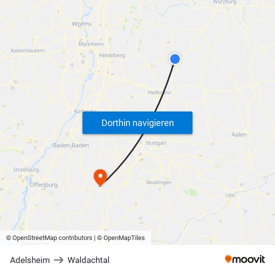 Adelsheim to Waldachtal map