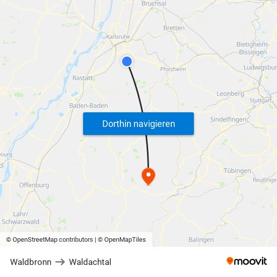 Waldbronn to Waldachtal map