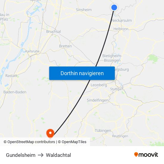 Gundelsheim to Waldachtal map