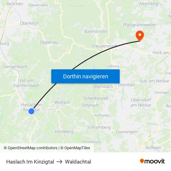 Haslach Im Kinzigtal to Waldachtal map