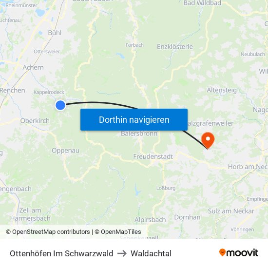 Ottenhöfen Im Schwarzwald to Waldachtal map