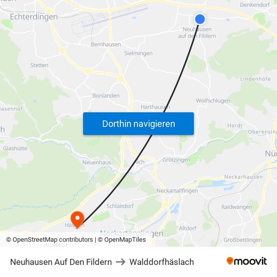 Neuhausen Auf Den Fildern to Walddorfhäslach map