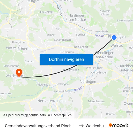 Gemeindeverwaltungsverband Plochingen to Waldenbuch map