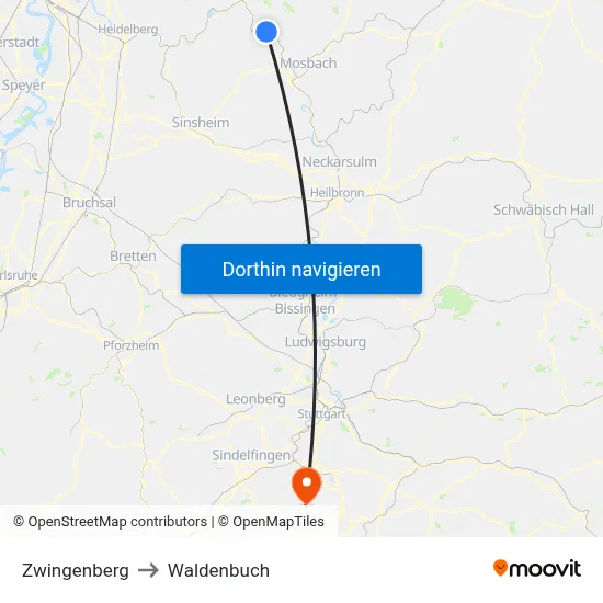 Zwingenberg to Waldenbuch map
