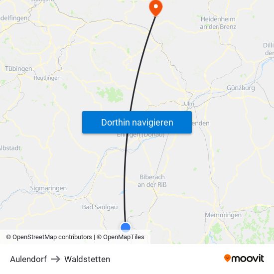 Aulendorf to Waldstetten map