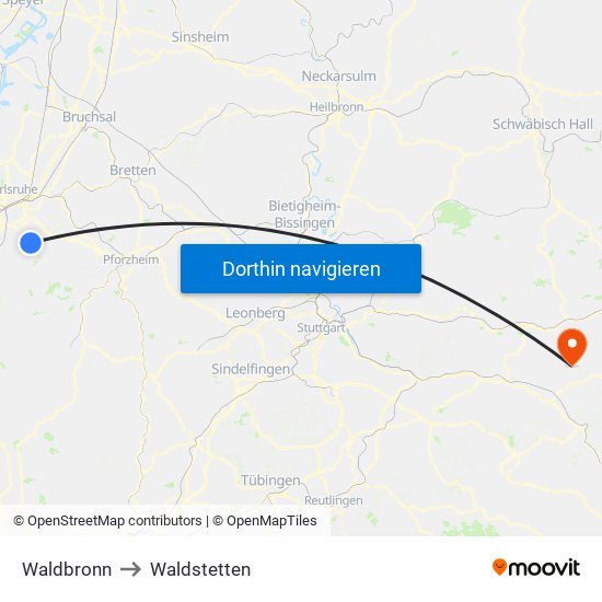 Waldbronn to Waldstetten map
