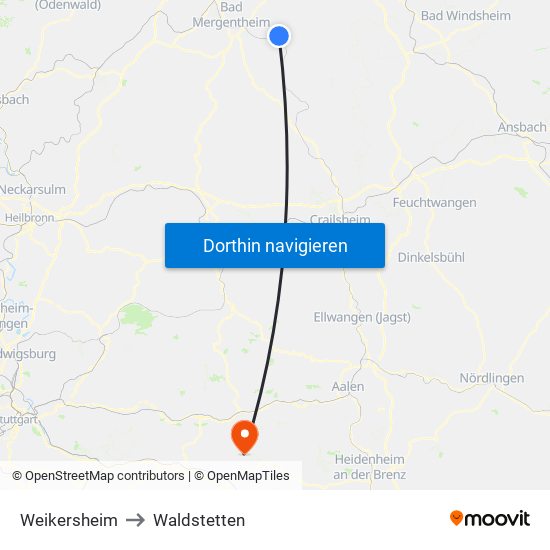 Weikersheim to Waldstetten map