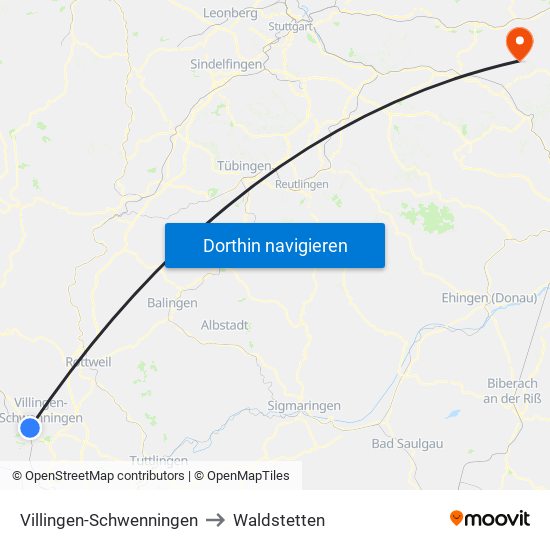 Villingen-Schwenningen to Waldstetten map