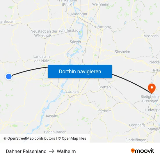 Dahner Felsenland to Walheim map