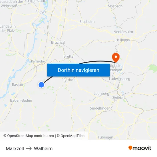 Marxzell to Walheim map