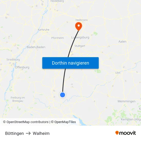 Böttingen to Walheim map