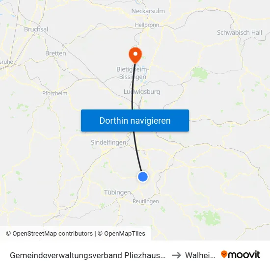 Gemeindeverwaltungsverband Pliezhausen to Walheim map