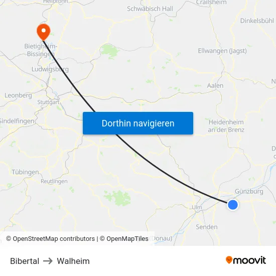 Bibertal to Walheim map