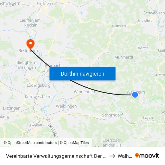 Vereinbarte Verwaltungsgemeinschaft Der Stadt Welzheim to Walheim map
