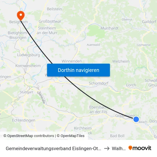 Gemeindeverwaltungsverband Eislingen-Ottenbach-Salach to Walheim map