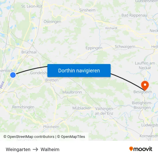 Weingarten to Walheim map