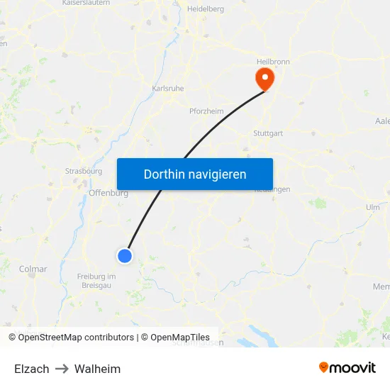 Elzach to Walheim map