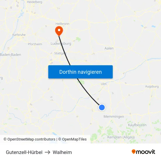 Gutenzell-Hürbel to Walheim map
