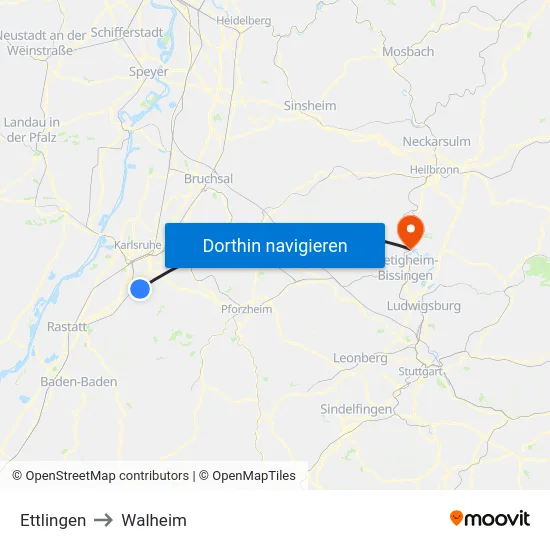 Ettlingen to Walheim map