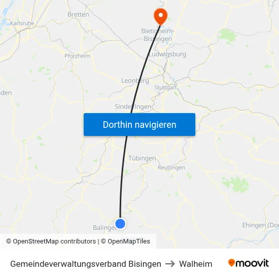Gemeindeverwaltungsverband Bisingen to Walheim map